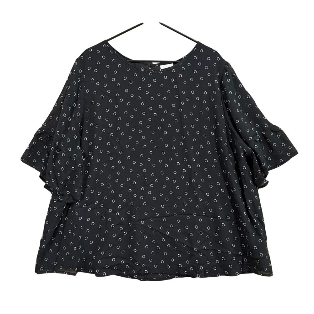 Ava & Viv Womens Blouse Black Circles Round Neck Lined 3/4 Flared Sleeve 3X